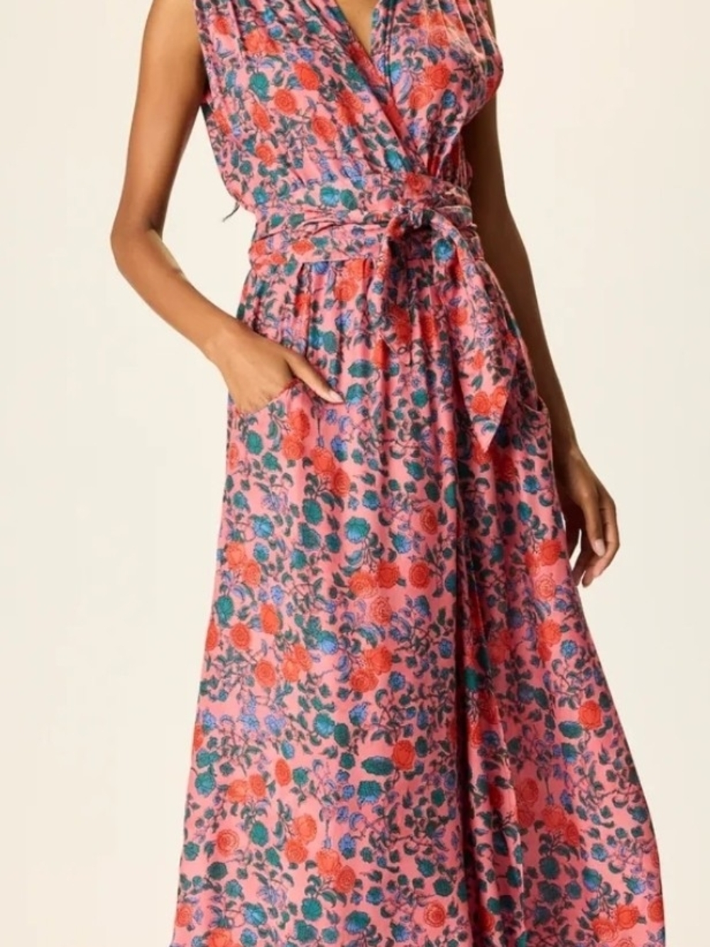 Natalie Martin Pink Floral Wrap Maxi Dress with Tie Waist